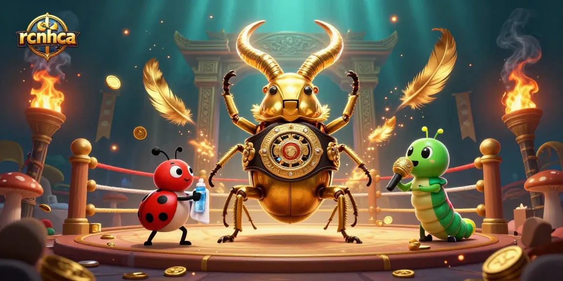 Experience rcnhca's vibrant casino action with a golden stag beetle champion surrounded by dynamic gaming elements.