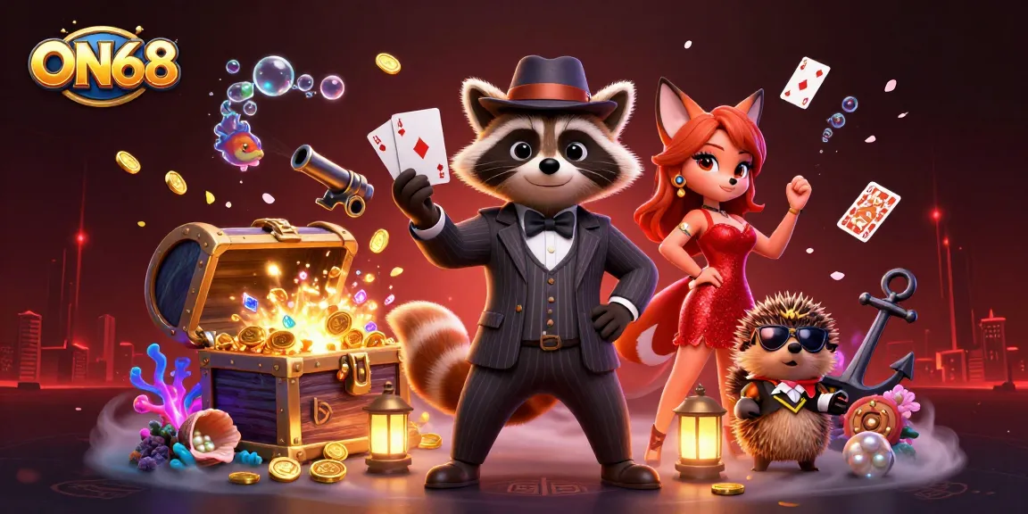Experience thrilling gameplay at ON68 with a raccoon dealer holding a royal flush.