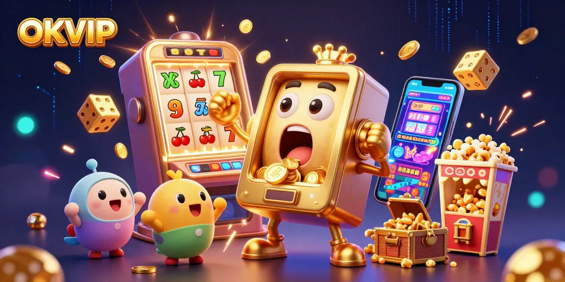 OKVIP jackpot celebration with a lively slot machine scene bursting with coins and vibrant gaming elements.