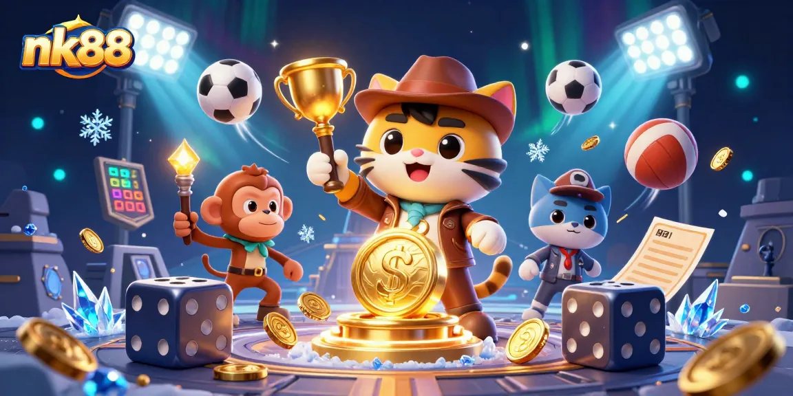 nk88 unveils a 3D cartoon explorer discovering casino treasures amid dynamic sports betting excitement.