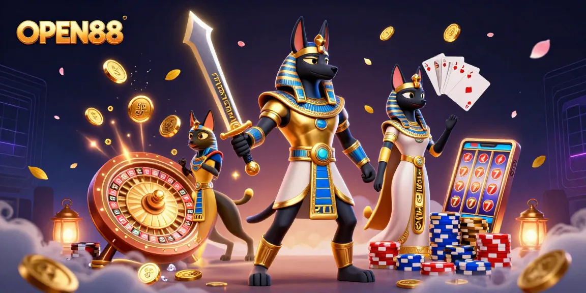 Cascade golden coins and gems while exploring OPEN88's gaming world with Anubis and Bastet.