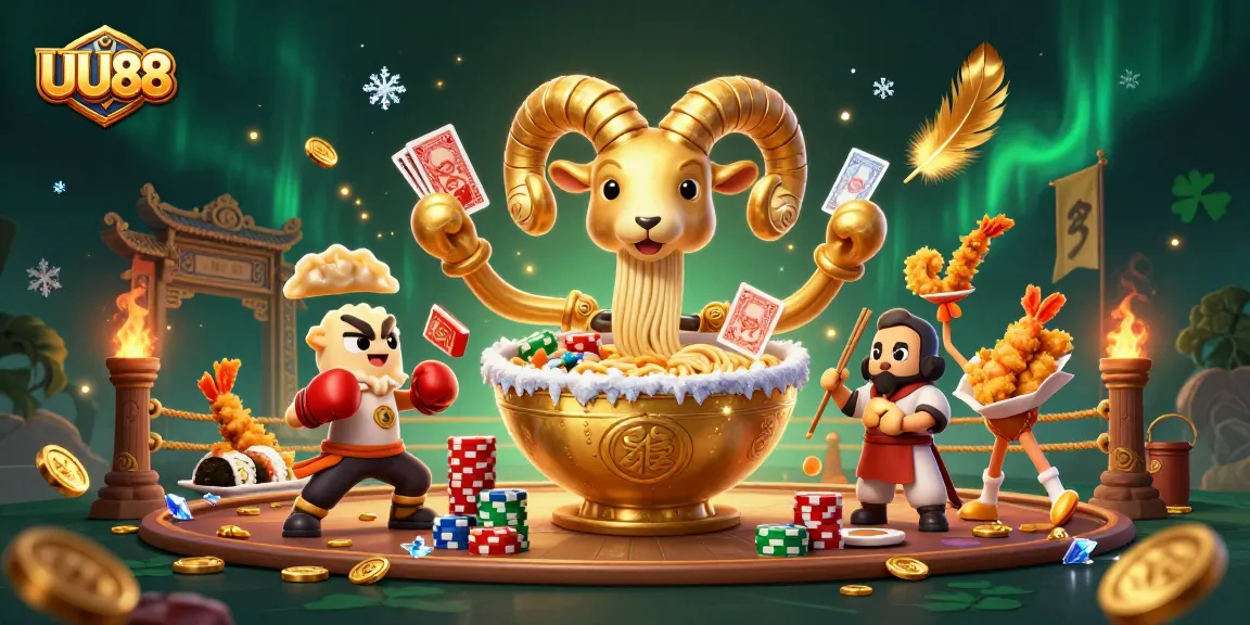 Engage with UU88's exciting dynamic scene featuring a golden ramen bowl dealer and gaming elements.