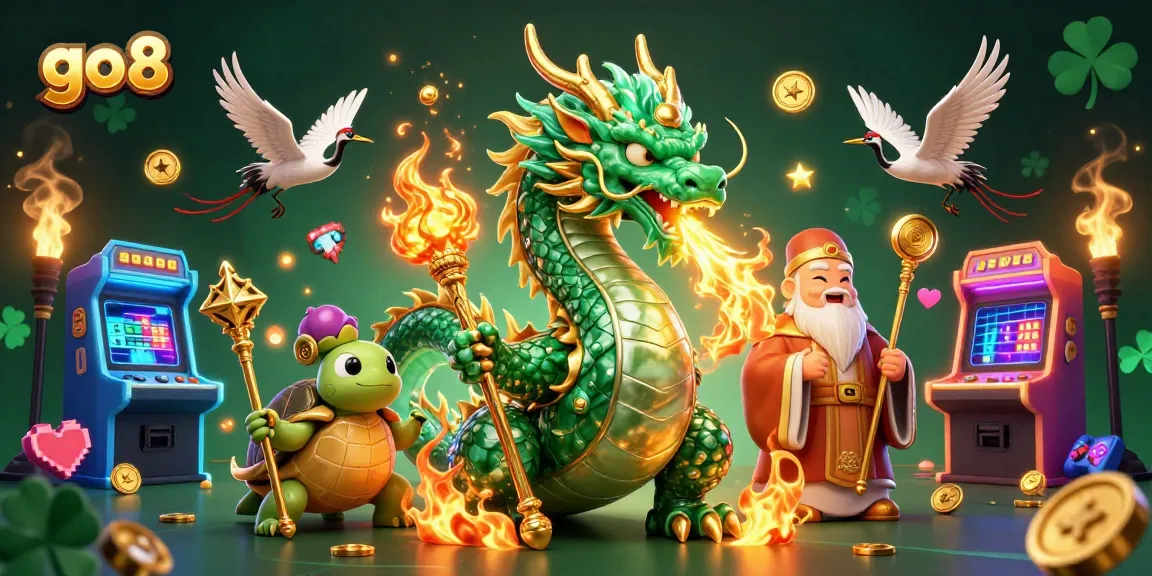 Experience thrilling gaming adventures at go8 with an emerald dragon and lucky cranes in this vibrant illustration.