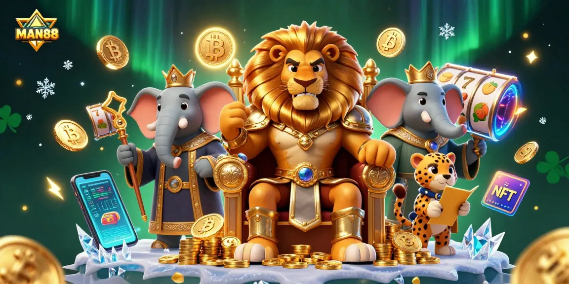 Experience MAN88's thrilling gaming world with lion king on throne, Bitcoin coins, and slot machine action.