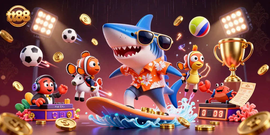 tt88 celebrates with a cartoon shark and friends in a vibrant casino-themed scene filled with gold coins.