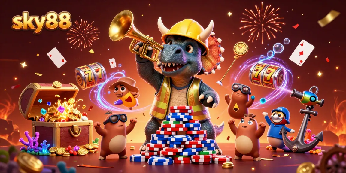 Experience sky88's thrilling slots and jackpots in this vibrant 3D casino illustration.