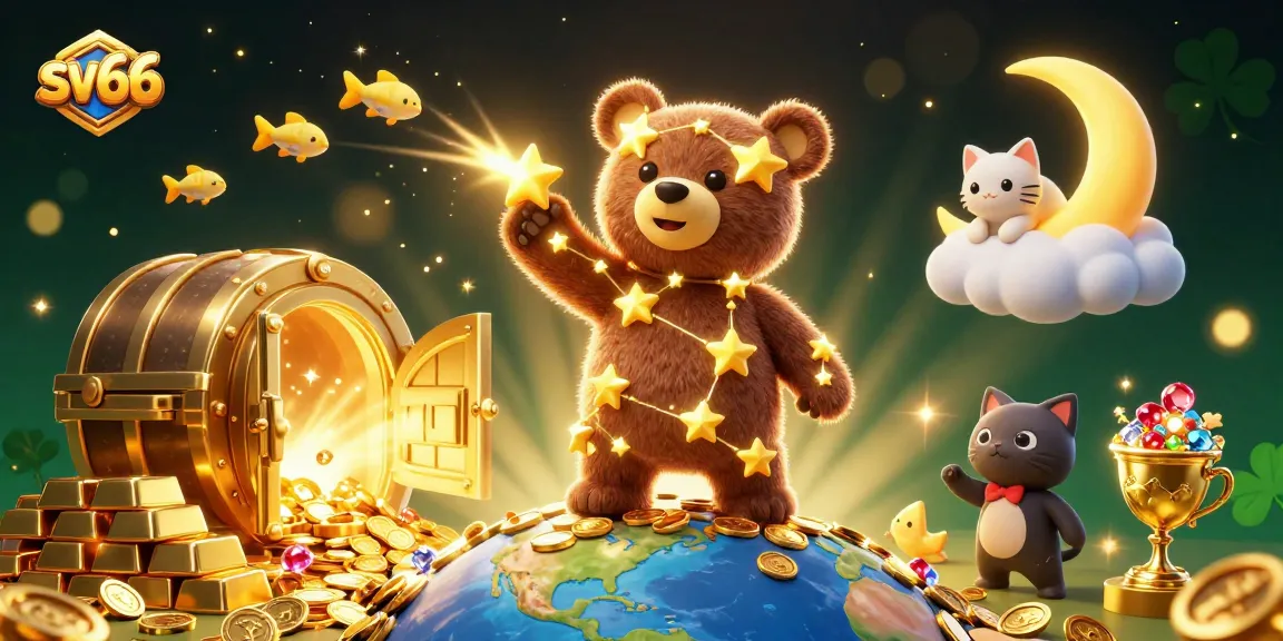 sv66 players dive into exciting wins amidst golden treasures and shooting stars in this vibrant casino illustration