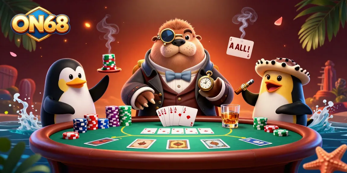 Experience thrilling gameplay at ON68 with a jolly walrus, penguin dealer, and pufferfish at a poker table.