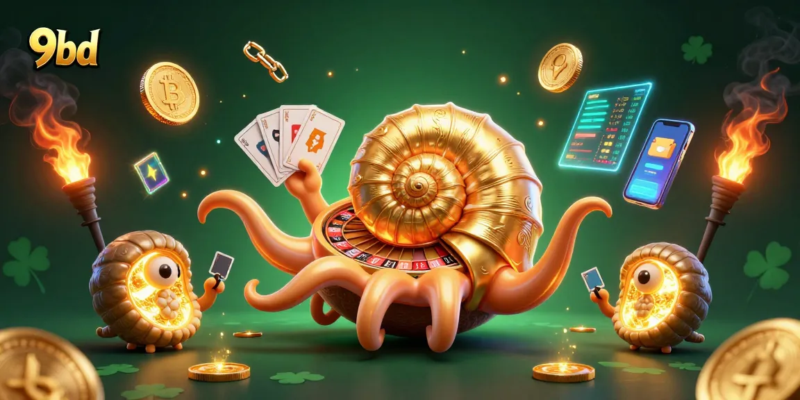 Engage with 9bd's thrilling casino experience featuring a nautilus roulette wheel and vibrant crypto elements.