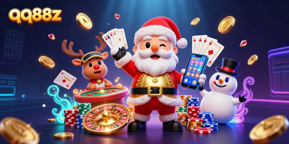 Experience the thrill of gaming with qq88z, featuring Santa, a reindeer dealer, and a poker chip snowman.
