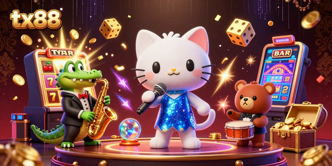 Experience the vibrant energy of tx88 with a jazz-singer cat, saxophone crocodile, and drum-playing bear in a bustling casino scene.