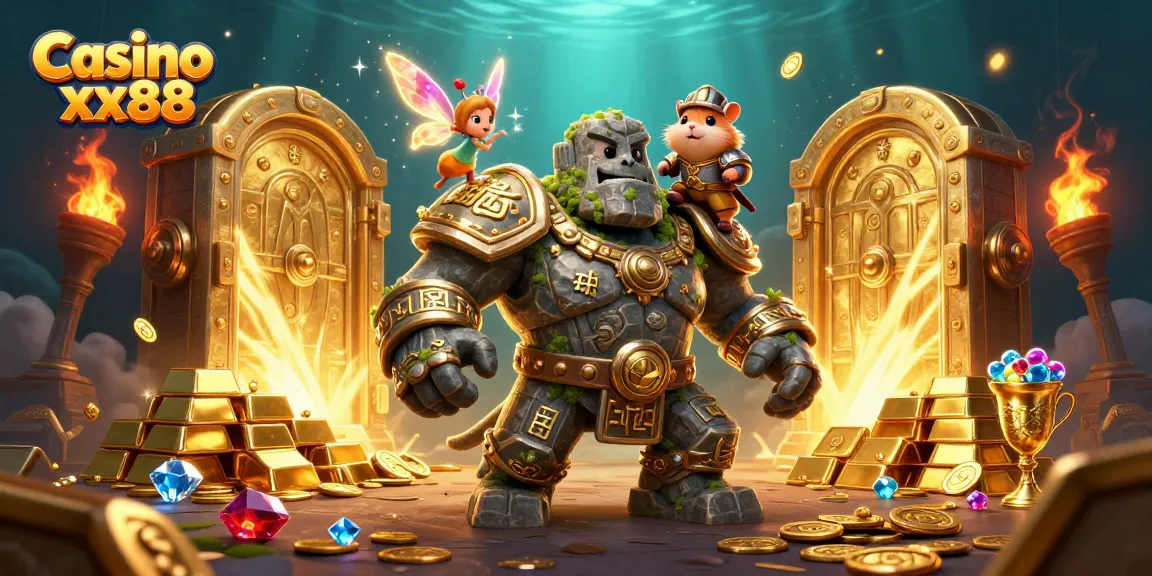 Witness the magic of Casino xx88 with a vibrant 3D scene of a stone golem and fairy.