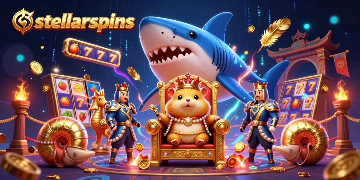 Engage with stellarspins: a golden hamster king ruling a casino throne among slot treasures.