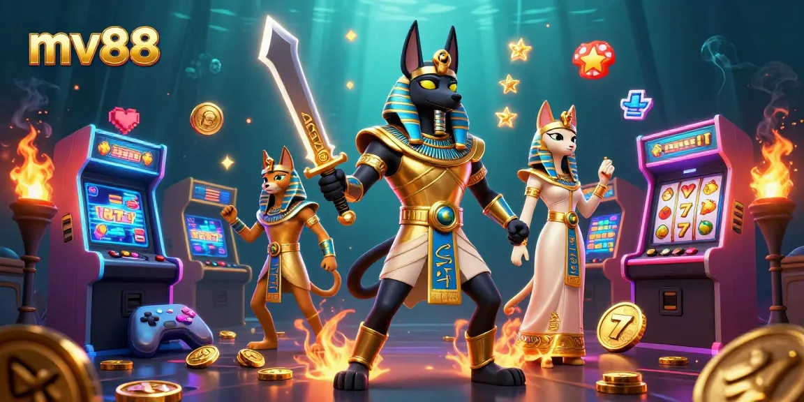 Engage with mv88's dynamic casino adventure featuring Anubis and Bastet surrounded by gaming excitement.