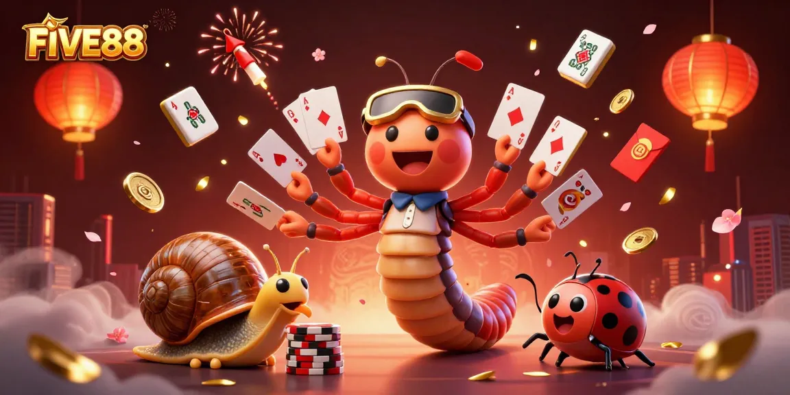 Experience the excitement of FIVE88 with a lively dealer, high-roller, and festive elements.