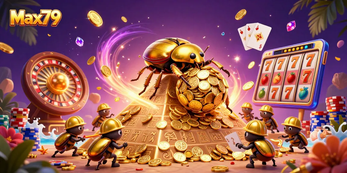 Experience excitement at Max79 with golden beetles and vibrant casino symbols in action.