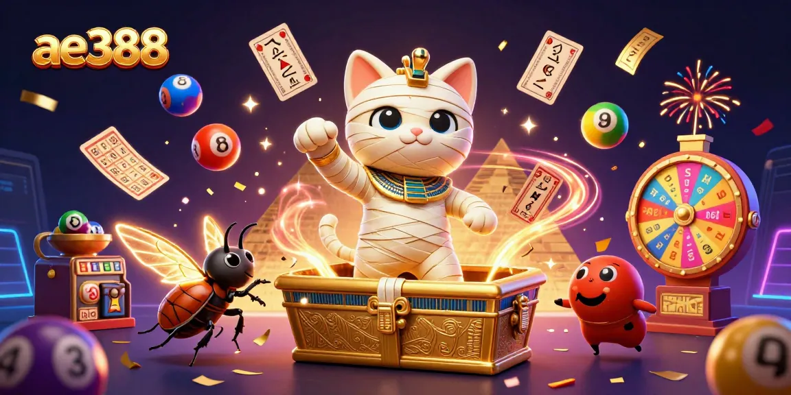 Experience exhilarating wins with ae388 featuring a cartoon mummy cat amid thrilling casino elements.