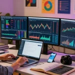 Digital finance workspace featuring dhankubera trading data displays and financial analysis.