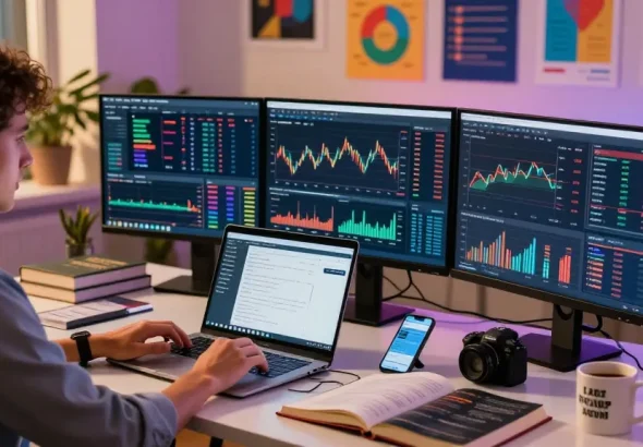 Digital finance workspace featuring dhankubera trading data displays and financial analysis.