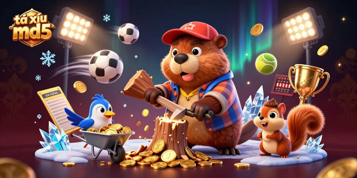 Experience exciting gameplay with tài xỉu md5 featuring a beaver chopping for golden coins while sports elements fly around.