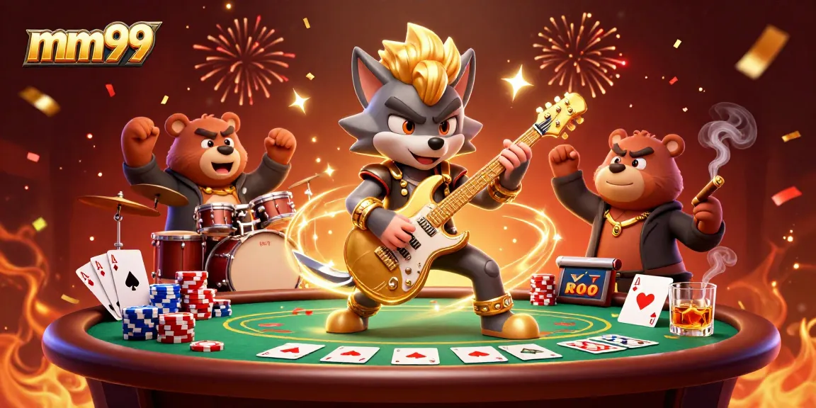 Experience thrilling gameplay at mm99 with a dynamic 3D casino illustration full of vibrant characters and game elements.