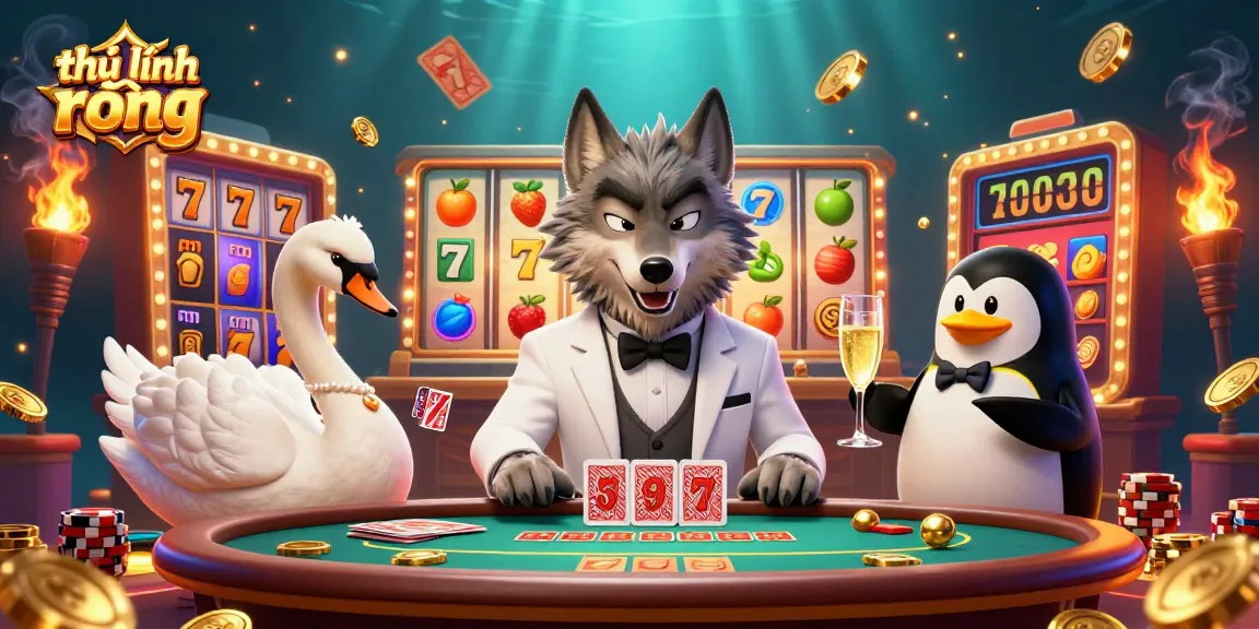Exclusive scene of thủ lĩnh rồng showcasing a debonair wolf at the baccarat table surrounded by vibrant slot elements