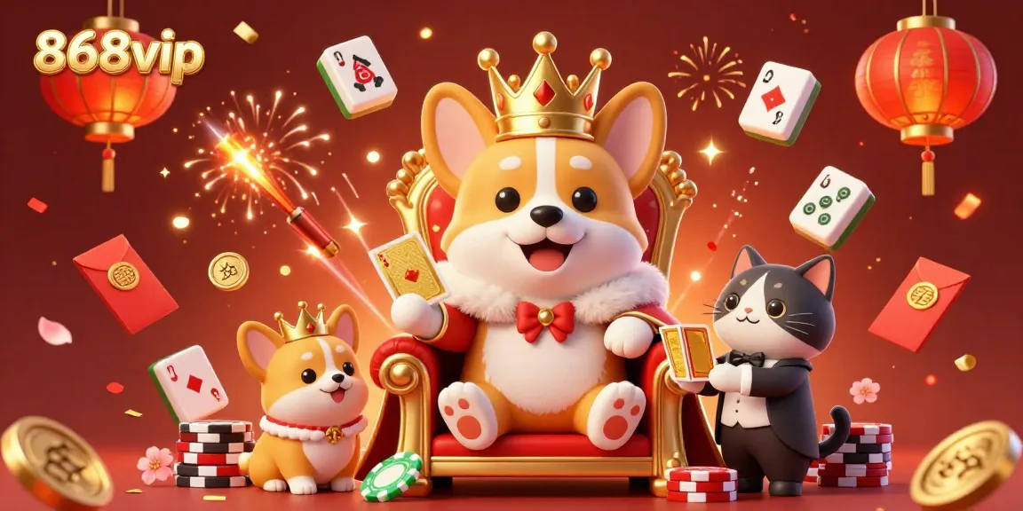 Play and win big at 868vip with royal corgi characters celebrating with vibrant casino elements.