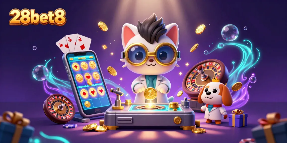 Engage with thrilling casino activities at 28bet8, featuring vibrant slots, golden coins, and mad scientist elements.