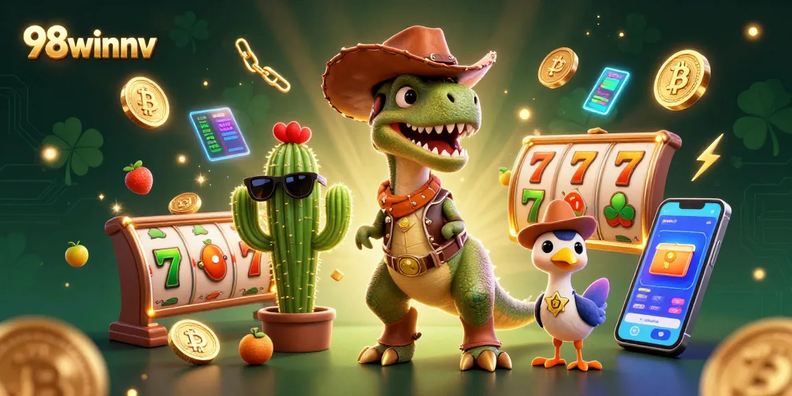 Spin and win with 98winnv in this vibrant 3D casino scene featuring cowboy dinosaur and slots.