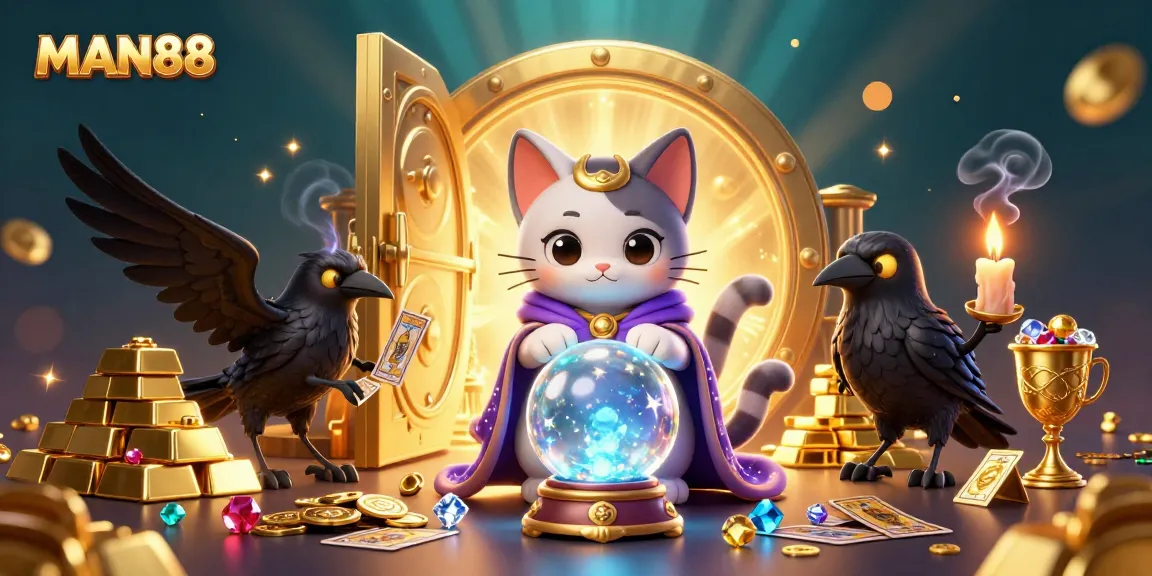 Experience the excitement of MAN88 with a mystical cat, tarot raven, and treasure elements in a vibrant casino setting.