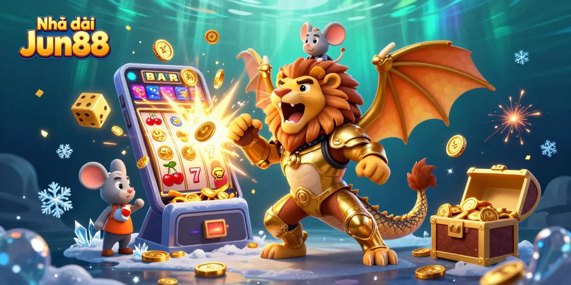 Experience thrilling games with Nhà cái Jun88's vibrant 3D casino creatures celebrating jackpots and bonuses.