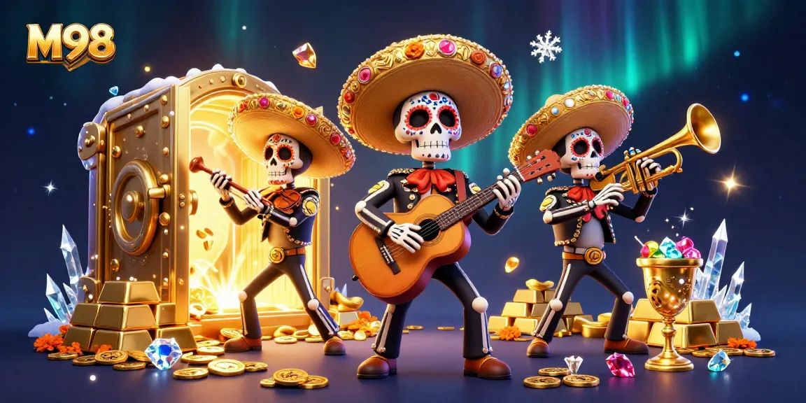 Experience M98’s vibrant casino scene with a lively mariachi band amidst treasure and jewels.