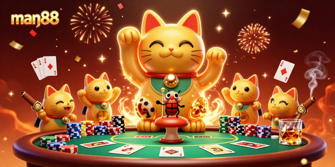 Experience the excitement of man88 as a lucky cat animated by fireflies at a vibrant poker table.