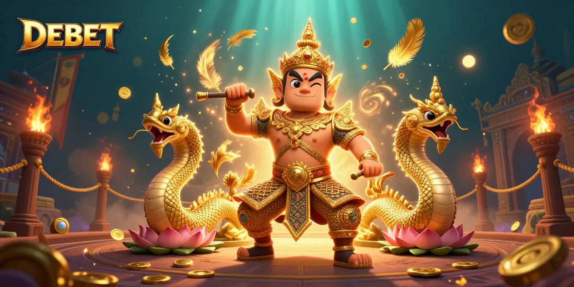 Engage in thrilling gameplay with DEBET, featuring a dynamic 3D illustration of guardians and gaming elements.