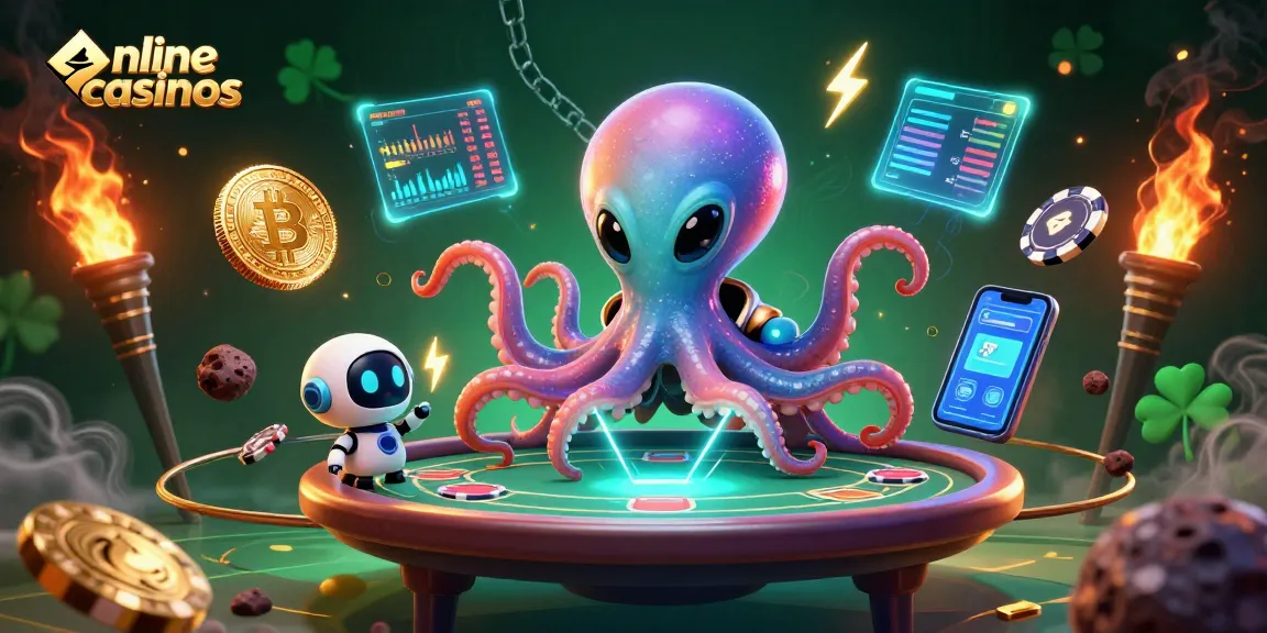 Engage with online casinos as an alien octopus plays poker, surrounded by crypto coins and vibrant elements.