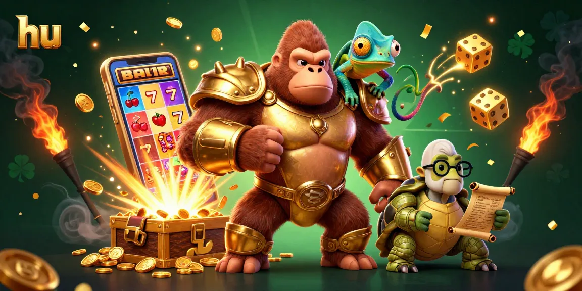 Dynamic action scene featuring hu with a powerful gorilla king, colorful chameleon, and wise tortoise in casino adventure.