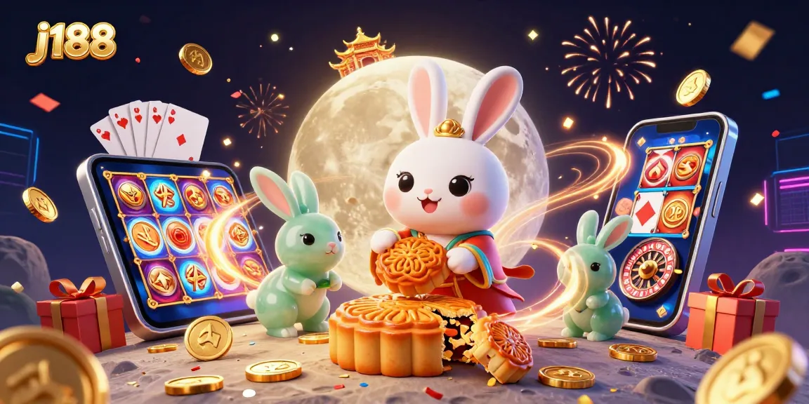 j188 showcases a festive 3D casino scene featuring a moon rabbit and gaming elements.