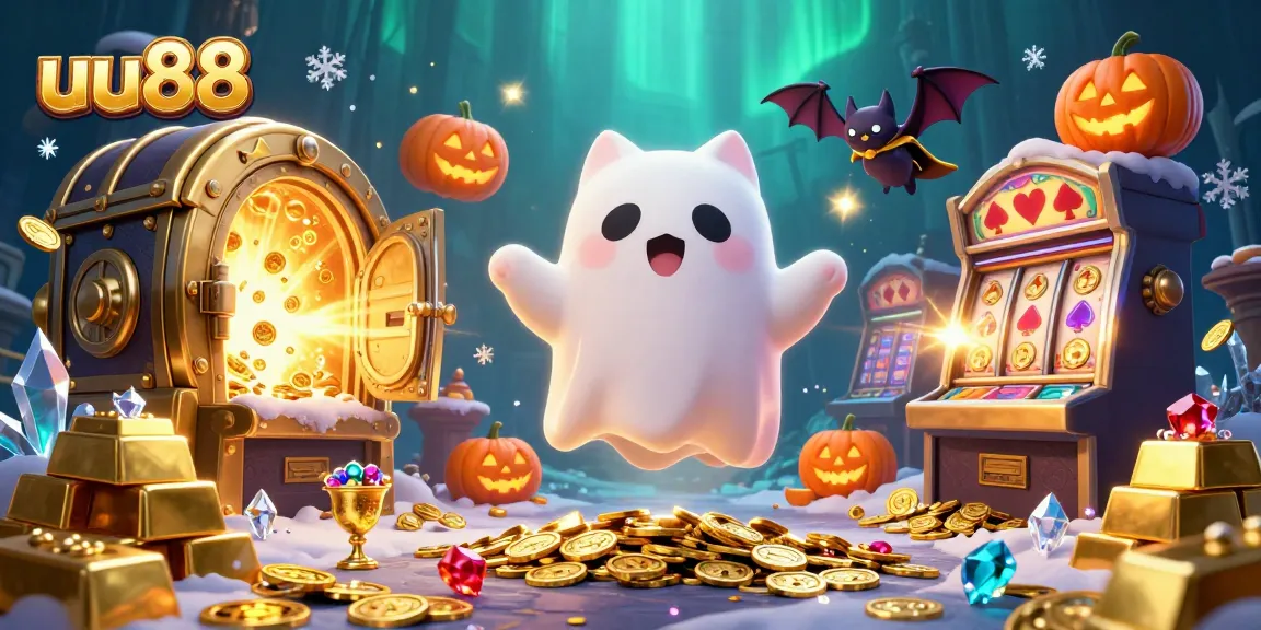Win big with uu88 in a lively casino scene featuring treasure and a playful ghost cat.