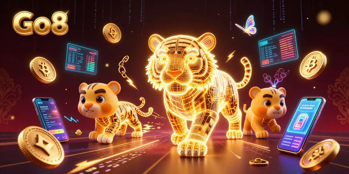 Engage with Go8's vibrant digital experience featuring a neon-wireframe tiger in a casino landscape.