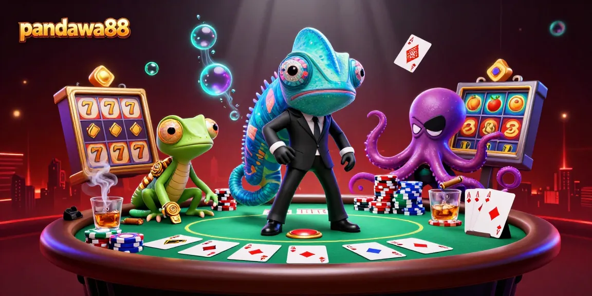 Pandawa88 features a vibrant 3D cartoon scene with a secret agent chameleon and a gecko at a poker table surrounded by casino elements.