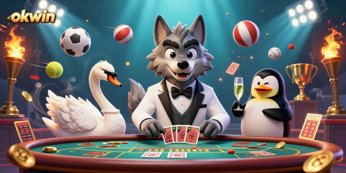 Experience thrilling gaming at okwin with an exciting scene featuring a debonair wolf and elegant characters.