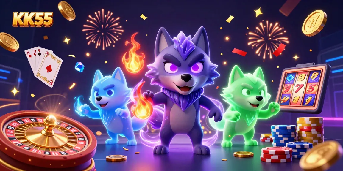 Engage with KK55's vibrant 3D casino scene showcasing exciting gaming elements and captivating characters.