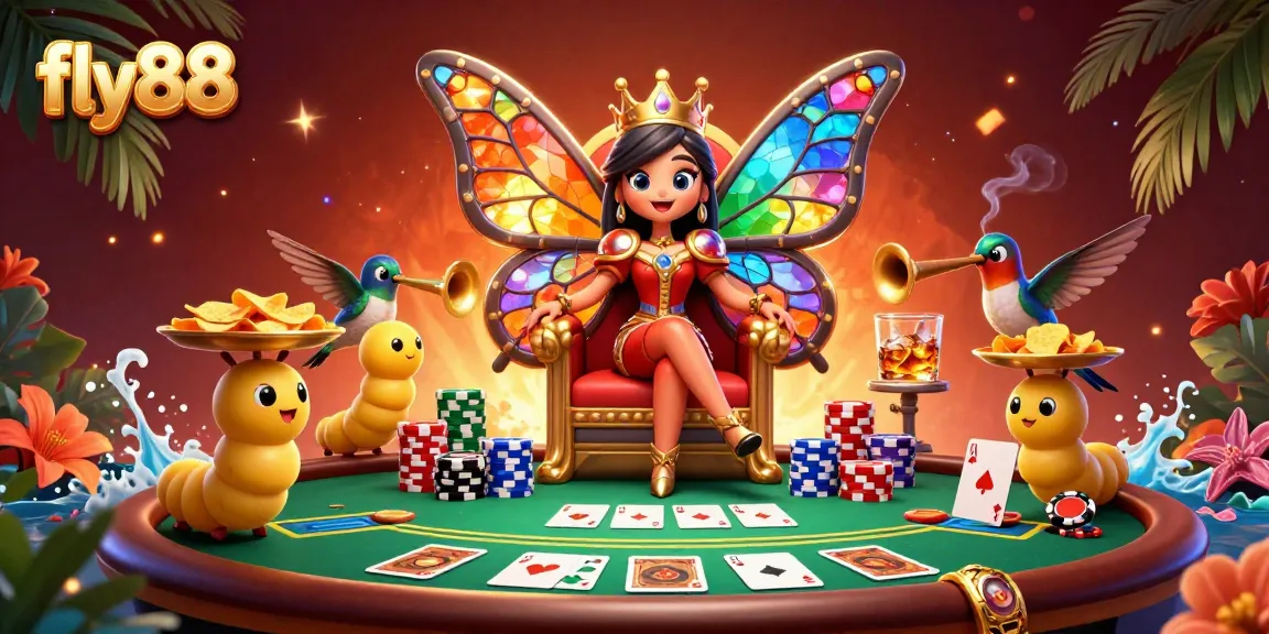 Experience the vibrant atmosphere of fly88 gaming with a butterfly queen amidst poker tables and colorful chips.
