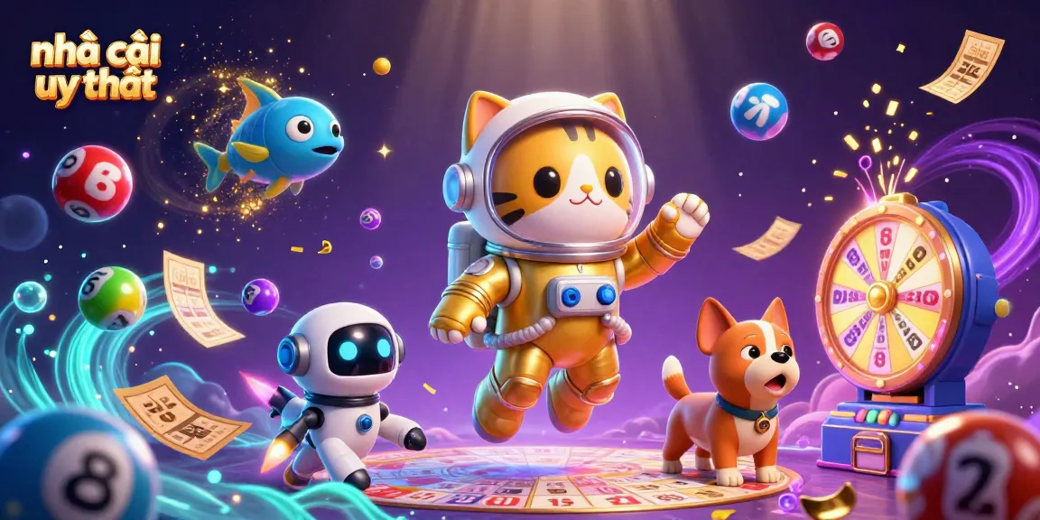 Engage with nhà cái uy tín featuring a 3D golden suit astronaut cat in a dynamic lottery scene.
