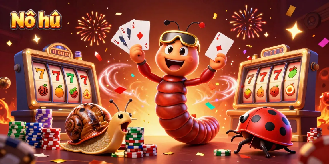 Nổ hũ showcases a lively casino scene with a cartoon millipede dealer, a high-roller snail, and exciting slot game elements.