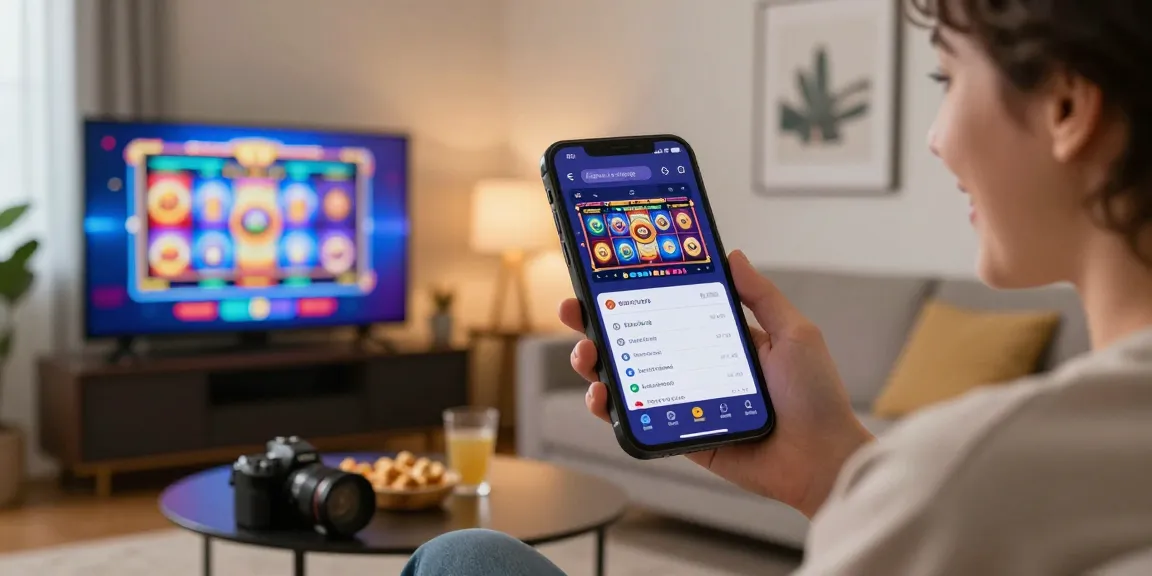 Engaging user exploring slot7000 interface on mobile device in lively living room.
