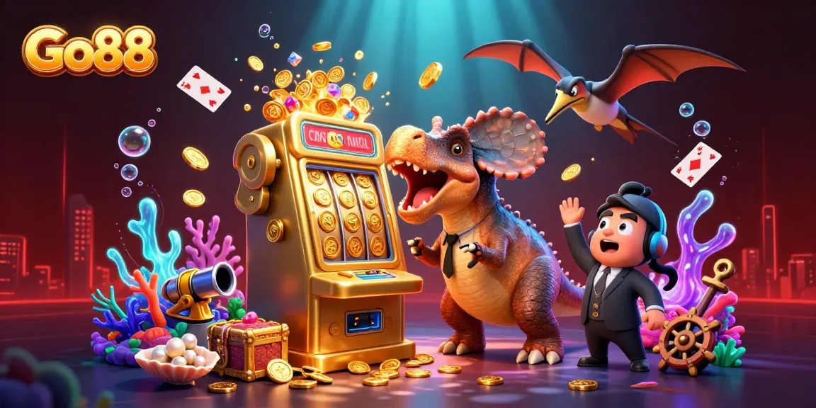 Go88 rewards players as a pachycephalosaurus smashes a slot machine, creating a vibrant casino scene.