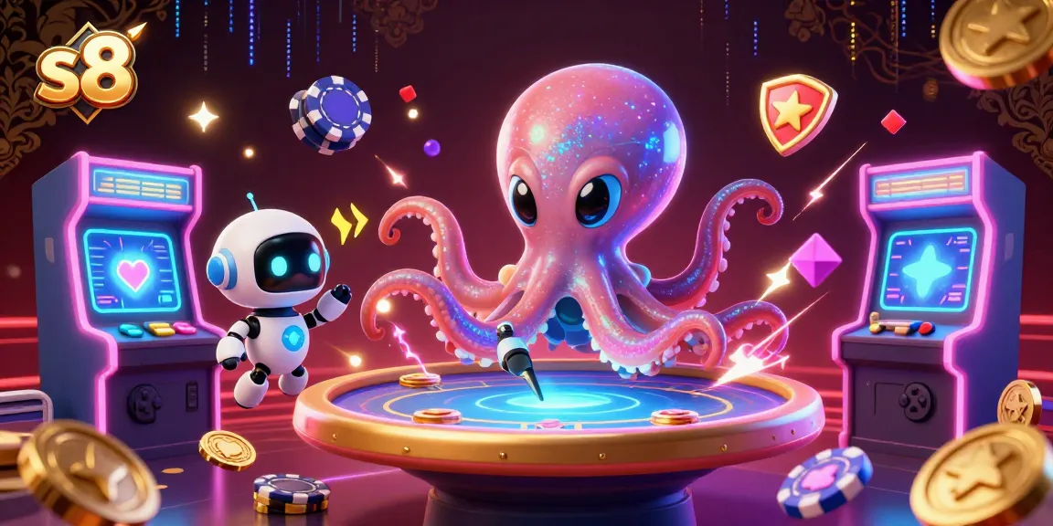 S8 platform showcasing a holographic poker table operated by a colorful alien octopus and a tiny robot.