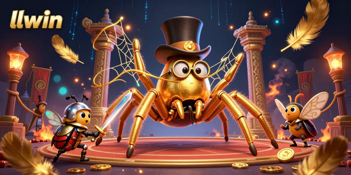 Experience thrilling gameplay at llwin with a vibrant 3D illustration showcasing a golden tarantula and knight characters.