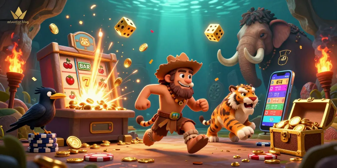 Engaging education blog scene capturing caveman and sabertooth tiger duo operating a prehistoric casino with jackpot-winning visuals.